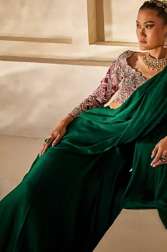 Emerald Green Embroidered Satin Chiffon Draped Saree Set