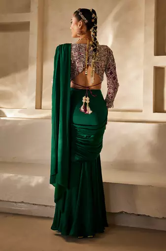 Emerald Green Embroidered Satin Chiffon Draped Saree Set