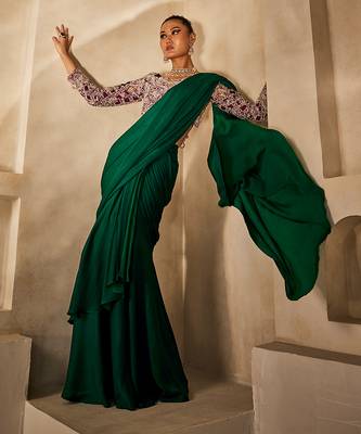 Emerald Green Embroidered Satin Chiffon Draped Saree Set 4