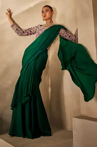 Emerald Green Embroidered Satin Chiffon Draped Saree Set