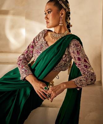 Emerald Green Embroidered Satin Chiffon Draped Saree Set 5