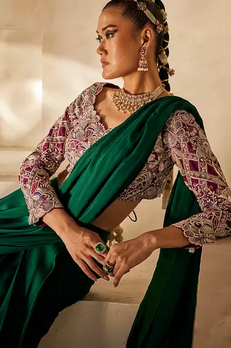 Emerald Green Embroidered Satin Chiffon Draped Saree Set