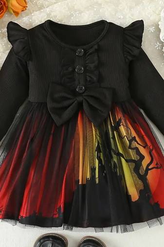 Black & red printed net fit & flare girls dress