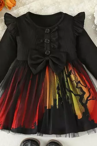 Black & red printed net fit & flare girls dress