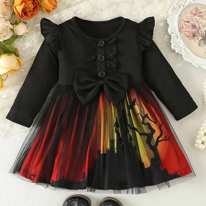 Black & red printed net fit & flare girls dress