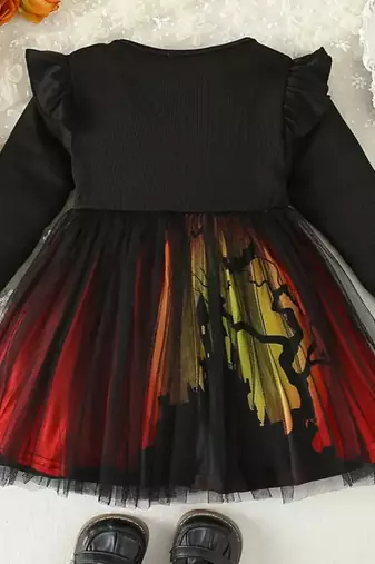 Black & red printed net fit & flare girls dress