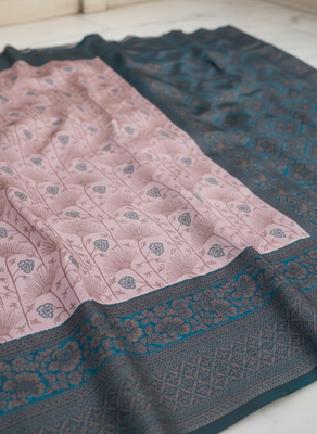 Peach sky silk blend banarasi saree with unstitched blouse piece 2