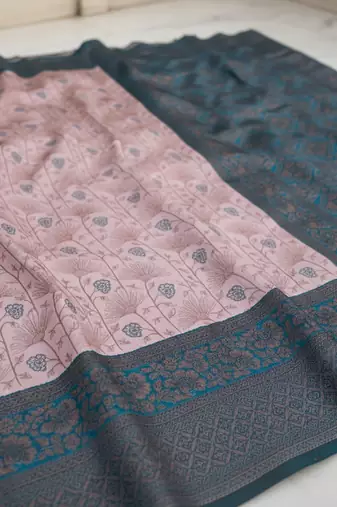 Peach sky silk blend banarasi saree with unstitched blouse piece