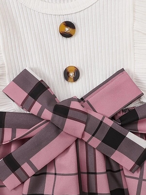 White & pink checked print cotton blend fit & flare girls dress 2