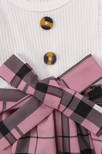 White & pink checked print cotton blend fit & flare girls dress
