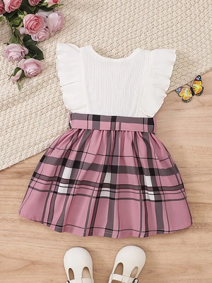 White & pink checked print cotton blend fit & flare girls dress 3