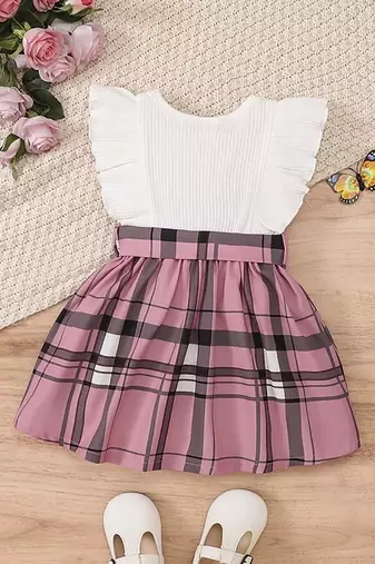 White & pink checked print cotton blend fit & flare girls dress