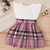 White & pink checked print cotton blend fit & flare girls dress