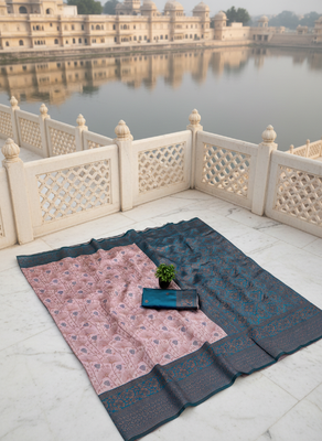 Peach sky silk blend banarasi saree with unstitched blouse piece 3