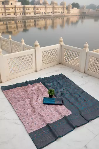 Peach sky silk blend banarasi saree with unstitched blouse piece