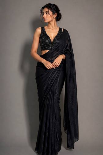 Black beads work shiny georgette partywear saree with full of beads work blouse fabric.