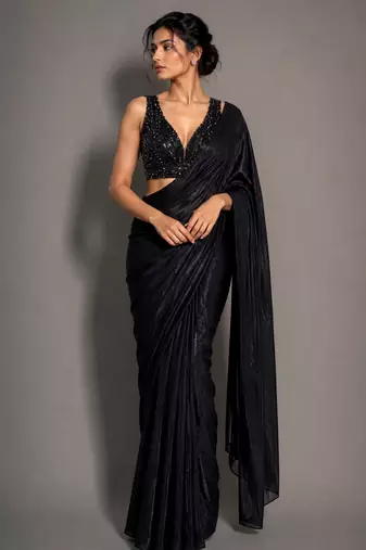 Black beads work shiny georgette partywear saree with full of beads work blouse fabric.