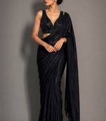 Black beads work shiny georgette partywear saree with full of beads work blouse fabric.