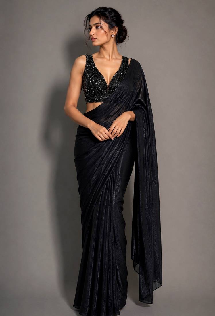 Black beads work shiny georgette partywear saree with full of beads work blouse fabric.