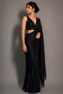 Black beads work shiny georgette partywear saree with full of beads work blouse fabric. 3