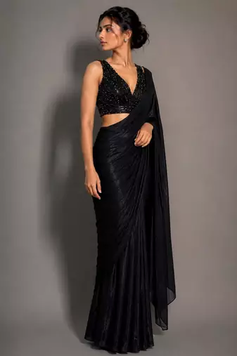 Black beads work shiny georgette partywear saree with full of beads work blouse fabric.