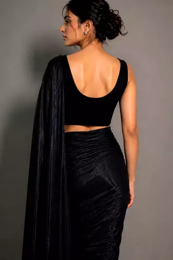 Black beads work shiny georgette partywear saree with full of beads work blouse fabric.
