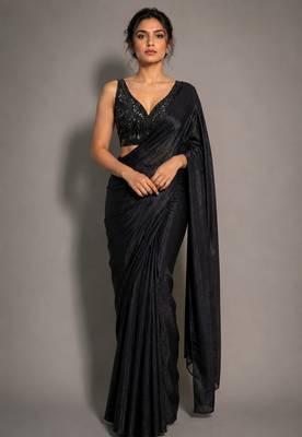Black beads work shiny georgette partywear saree with full of beads work blouse fabric. 1
