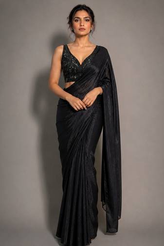 Black beads work shiny georgette partywear saree with full of beads work blouse fabric.