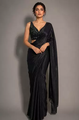 Black beads work shiny georgette partywear saree with full of beads work blouse fabric.