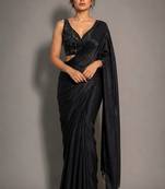Black beads work shiny georgette partywear saree with full of beads work blouse fabric.