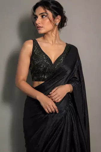 Black beads work shiny georgette partywear saree with full of beads work blouse fabric.
