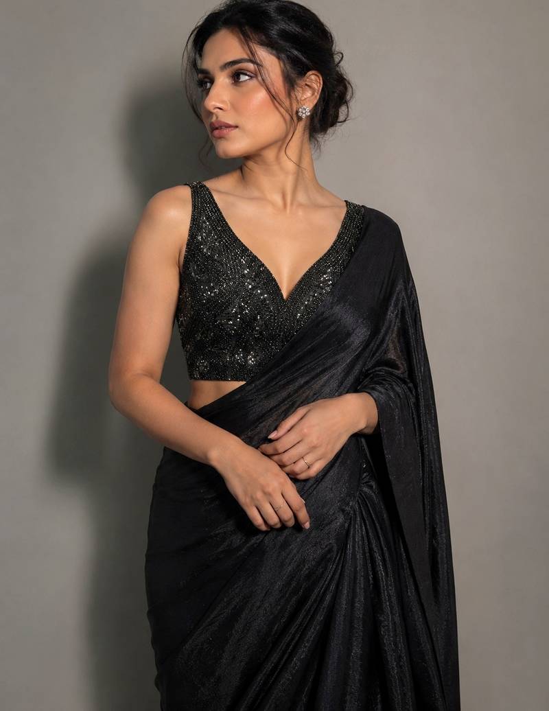 Black beads work shiny georgette partywear saree with full of beads work blouse fabric.