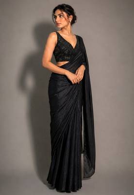 Black beads work shiny georgette partywear saree with full of beads work blouse fabric. 3