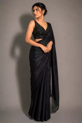 Black beads work shiny georgette partywear saree with full of beads work blouse fabric.