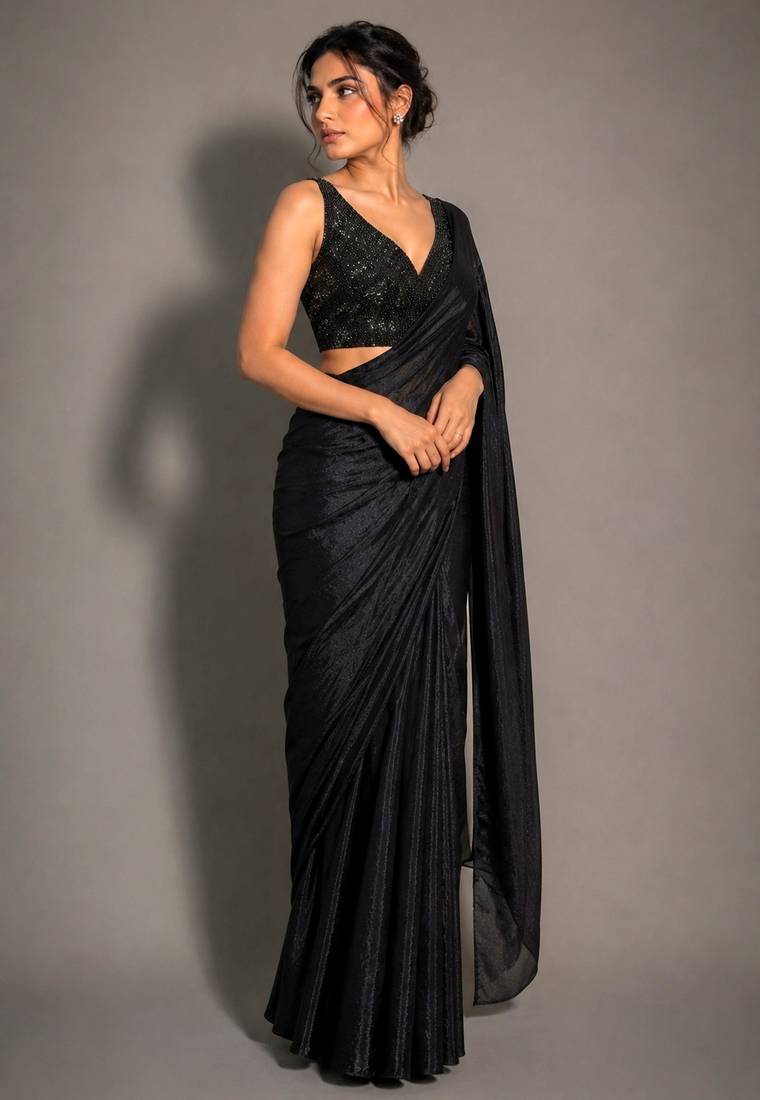 Black beads work shiny georgette partywear saree with full of beads work blouse fabric.