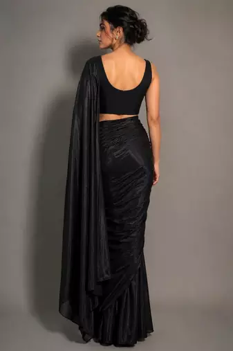 Black beads work shiny georgette partywear saree with full of beads work blouse fabric.