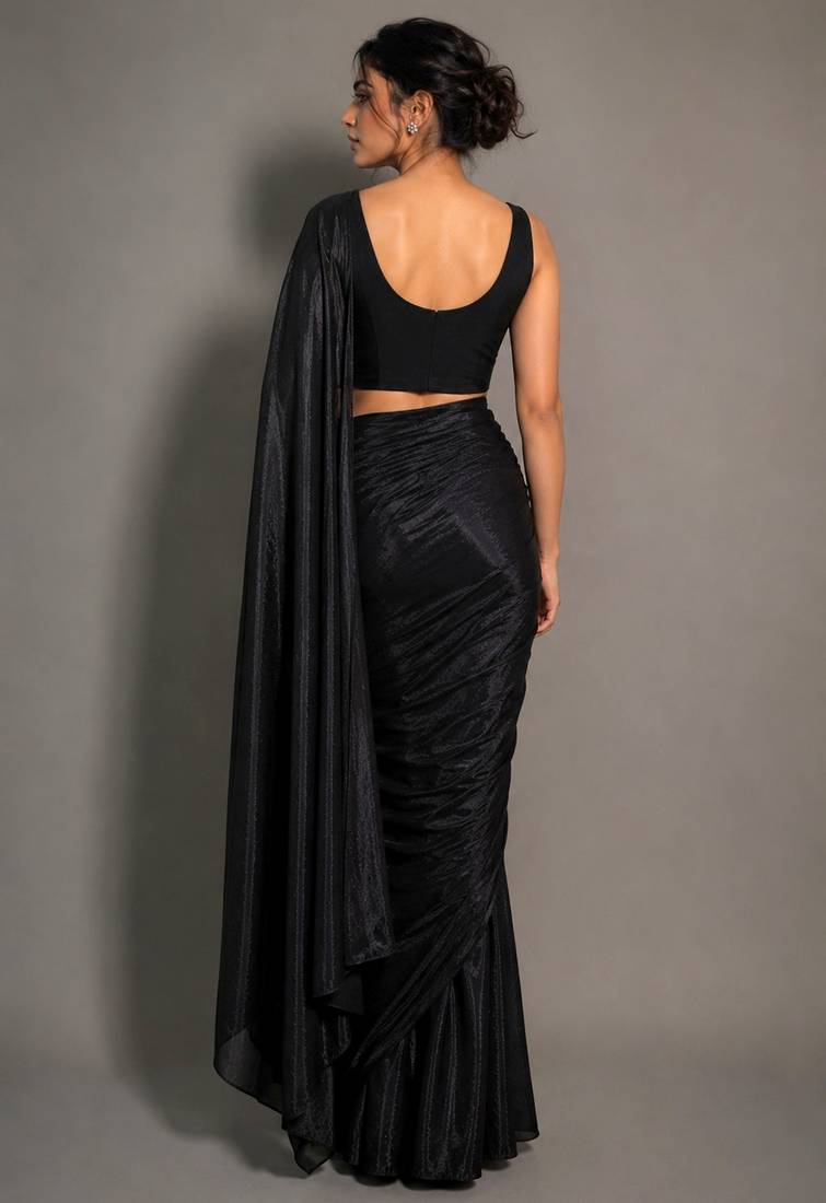 Black beads work shiny georgette partywear saree with full of beads work blouse fabric.