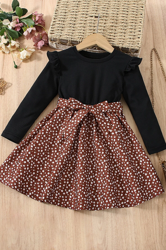 Black & brown floral print cotton blend fit & flare girls dress
