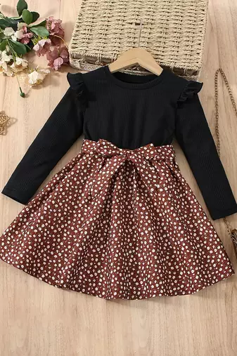 Black & brown floral print cotton blend fit & flare girls dress