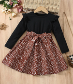 Black & brown floral print cotton blend fit & flare girls dress