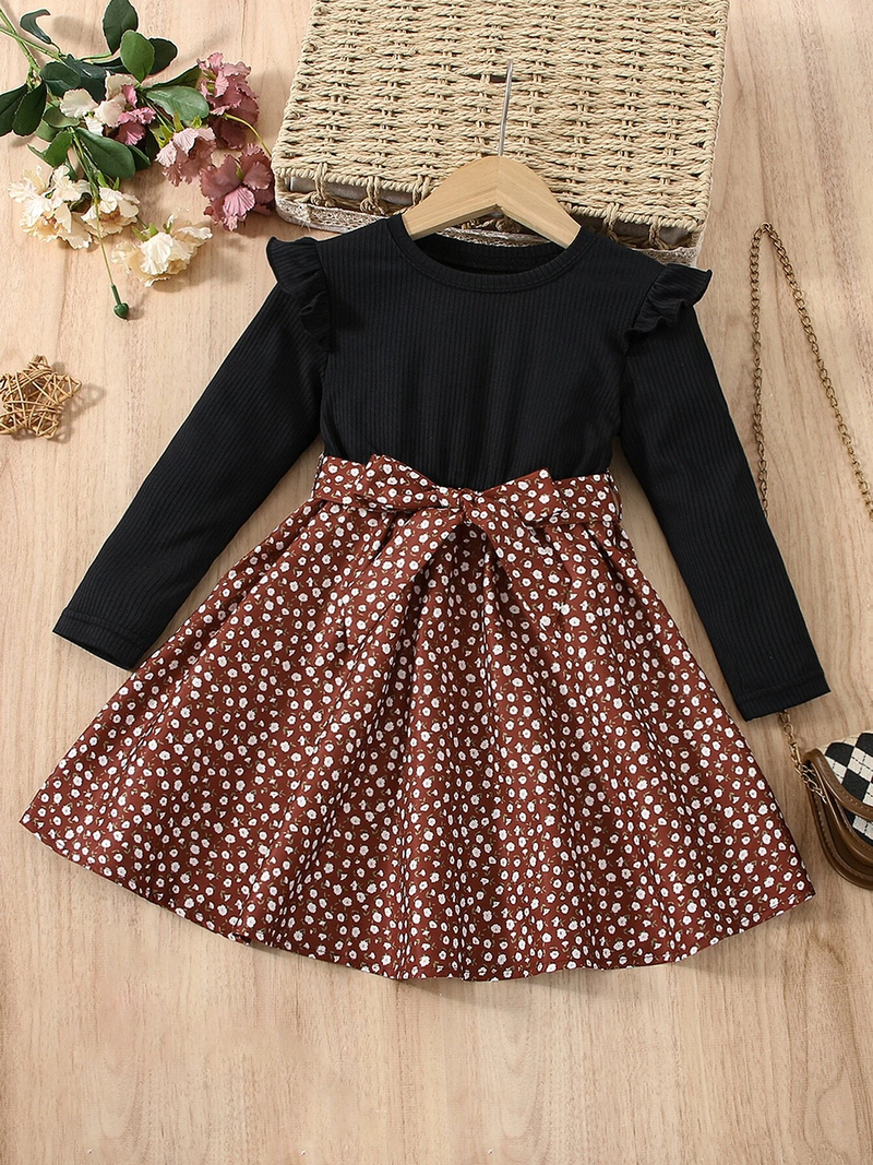 Black & brown floral print cotton blend fit & flare girls dress