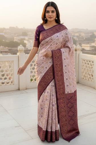 Pach wine soft silk blend banarasi jacuard work designer party wear saree with unstitched blouse piece