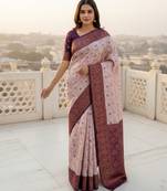 Pach wine silk blend banarasi saree with unstitched blouse piece