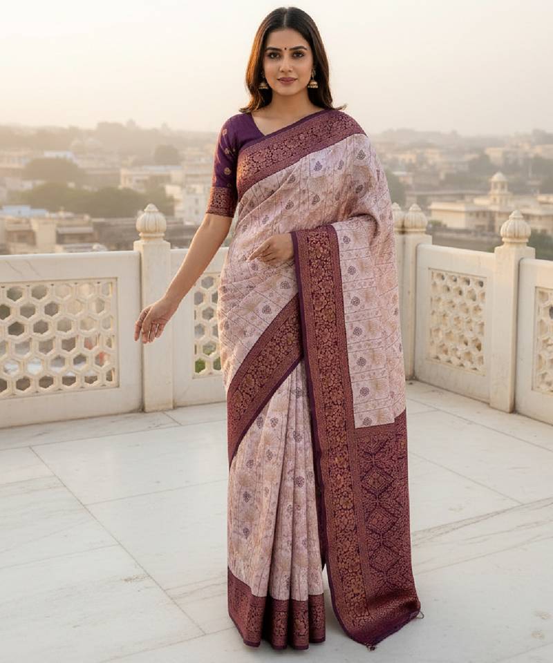 Pach wine soft silk blend banarasi jacuard work designer party wear saree with unstitched blouse piece