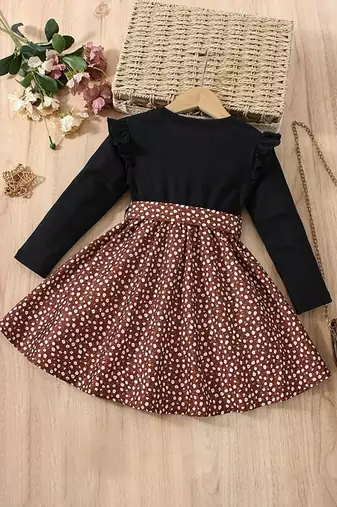 Black & brown floral print cotton blend fit & flare girls dress
