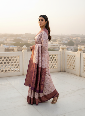 Pach wine silk blend banarasi saree with unstitched blouse piece 2