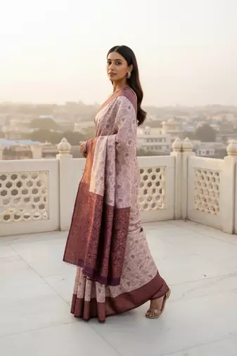 Pach wine silk blend banarasi saree with unstitched blouse piece