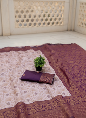 Pach wine silk blend banarasi saree with unstitched blouse piece 3