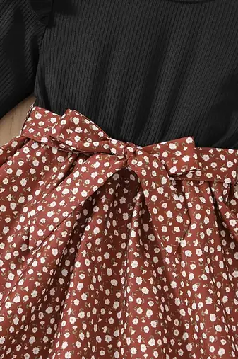 Black & brown floral print cotton blend fit & flare girls dress