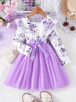 White & lavender floral print net fit & flare girls dress 1
